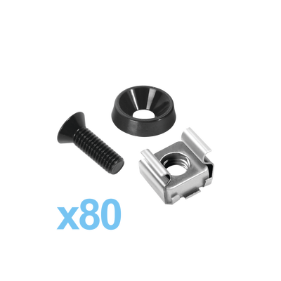 Kit de 80 tornillos con arandela y tuerca enjaulada para rack.