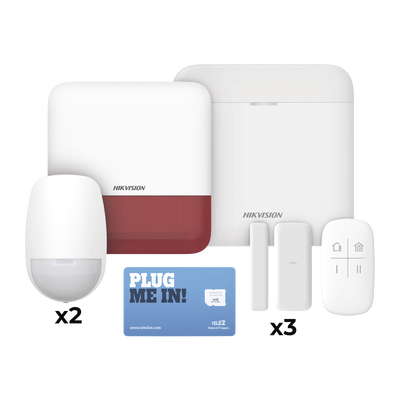 (AX PRO) KIT de Alarma AX PRO con GSM (3G/4G) / Incluye: 1 Hub / 2 Sensores PIR / 3 Contactos Magnéticos mini / 1 Control Remoto / 1 Sirena Roja Inalambrica Exterior / 1 WiFi / 1 MICROSIM30M2M con 1 mes de servicio/Compatible con Hik-Connect P2P