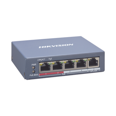Switch Monitoreable PoE+ / 4 puertos 10/100 Mbps PoE+ / 1 puerto RJ45 Uplink / PoE Hasta 250 Metros / 60 W / Conexión Remota desde Hik-ProConnect