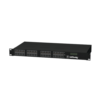 Midspan de 16 puertos, montaje en rack de 19". Ofrece alimentación PoE a los dispositivos alcanzando distancias de hasta 600m.
